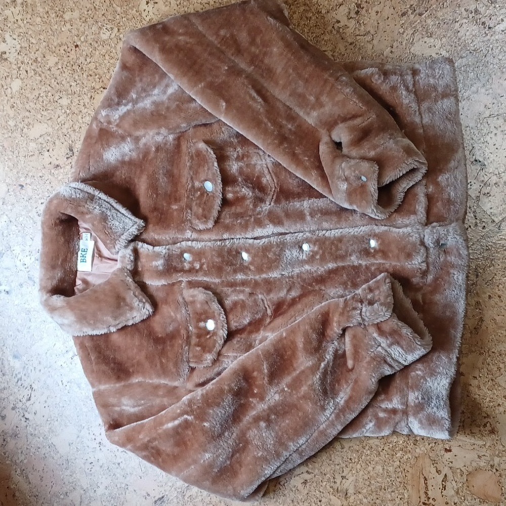 BKE Women's Faux Fur Apricot Tan Teddy Bear Sherpa Jacket Size M
